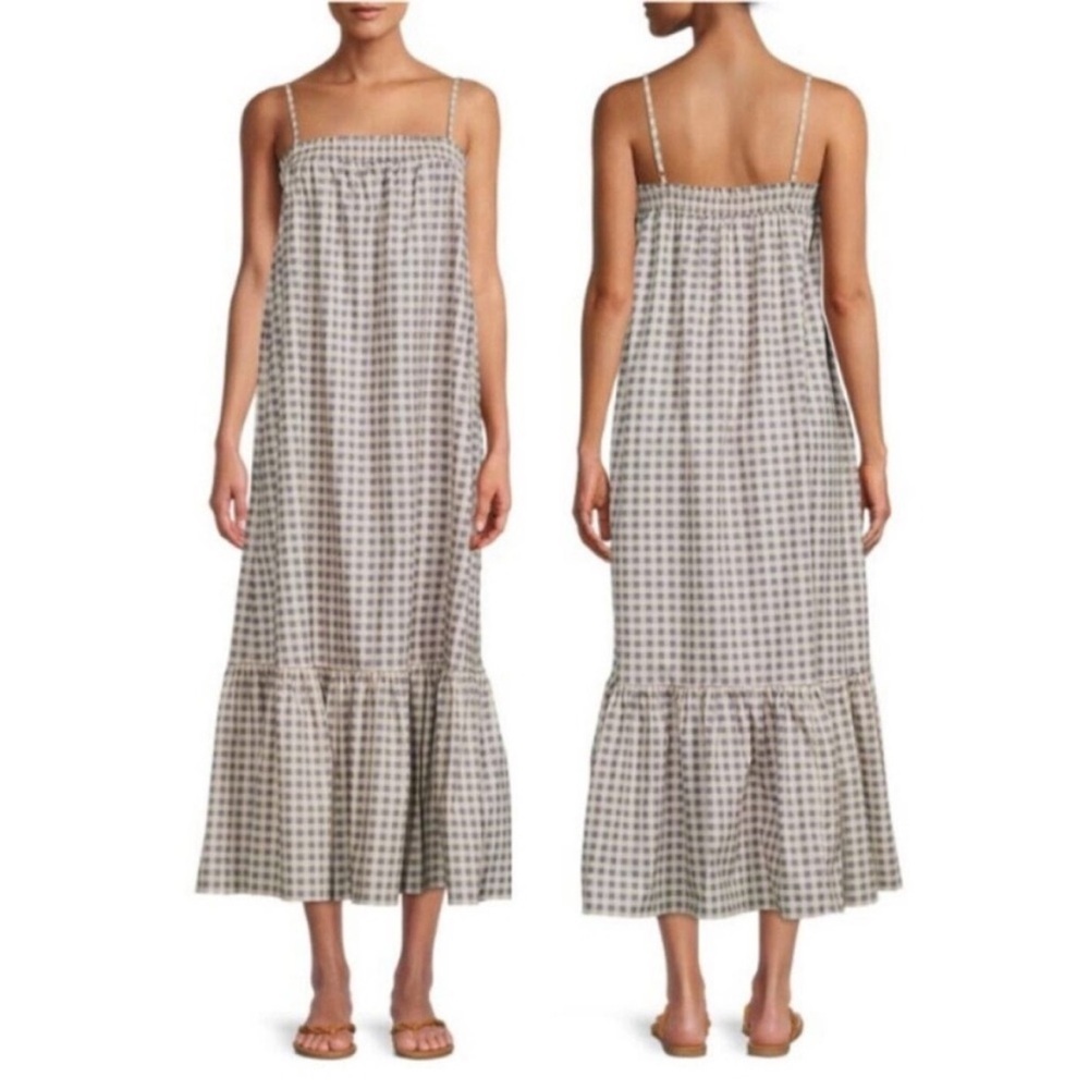 Smocked Gingham Midi Dress Adjustable Straps Tiered Ruffle Hem Cotton Blend